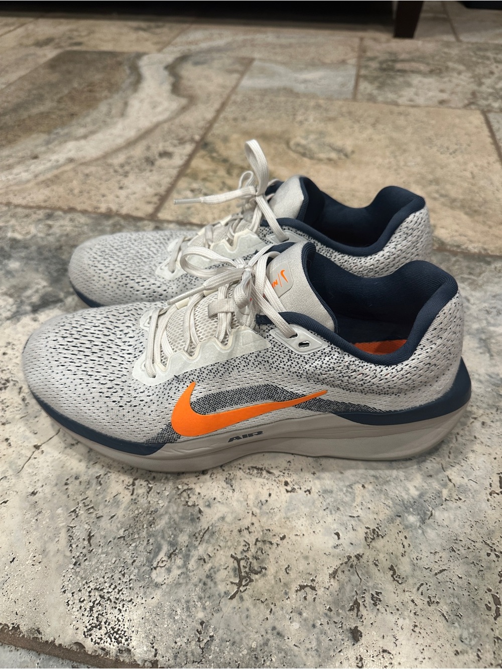 Nike White and Navy Sneakers with Orange Swoosh
